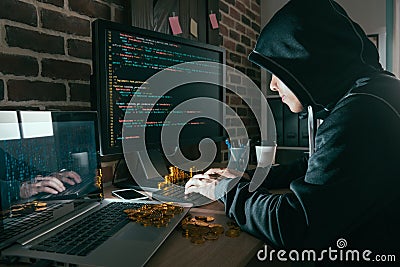 Hacker having many bitcoin through data virus Stock Photo