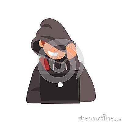 Hacker Hiding his Face Under Hood Trying to Cyber Attack Using Laptop, Internet Crime, Computer Security Technology Vector Illustration
