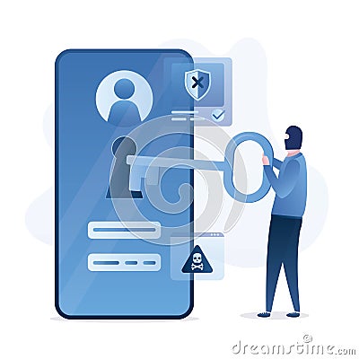 Hacker hold big key. Anonymous unlocks phone protection. Spamming, hacker attack, scam alert. Network piracy danger Vector Illustration
