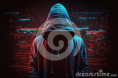 Hacker in a hood with a hidden face looks at the screen of a laptop. Hacking and malware concept. Stock Photo