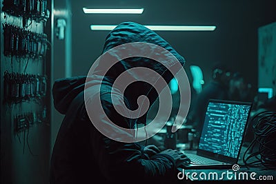 Hacker in a hood with a hidden face looks at the screen of a laptop. Hacking and malware concept. Stock Photo