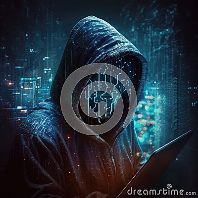 Hacker in a hood with a hidden face looks at the tablet pc screen. Hacking and malware concept. Stock Photo