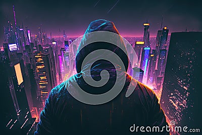 Hacker in the hood looking from above on the cyberpunk city. Generative AI Stock Photo