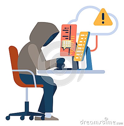 Hacker in hood working on computer. Ilegal digital activity Vector Illustration