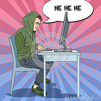 Hacker Hooded Man Stealing Data from Computer. Cyber Attack. Pop Art retro illustration Vector Illustration