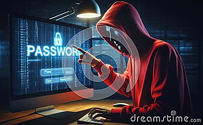 A hacker in a hooded sweatshirt, grabs the word password on a computer screen ,generative ai art Stock Photo
