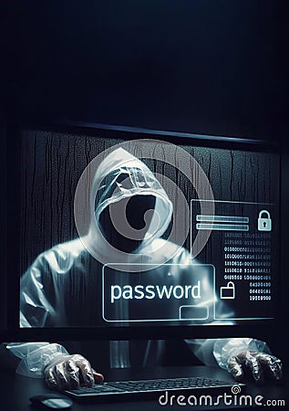 A hacker in a hooded sweatshirt, grabs the word password on a computer screen ,generative ai art Stock Photo