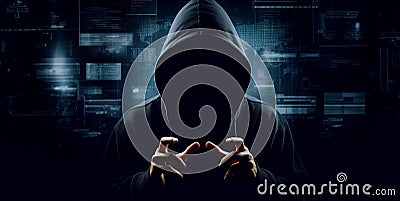 Hacker in hoodie dark theme cybersecurity vulnerability. Generative Ai Stock Photo