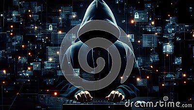 Hacker in hoodie dark theme cybersecurity vulnerability. Generative Ai Stock Photo