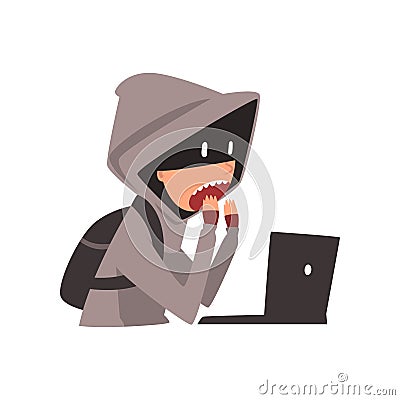 Hacker in Hoodie and Mask Trying to Cyber Attack Using Laptop, Internet Crime, Computer Security Technology Cartoon Vector Illustration