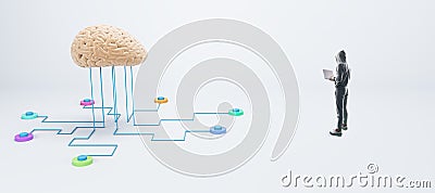 Hacker in hoodie using laptop with abstract human brain connected to wires on wide white background. Machine learning, hacking and Stock Photo
