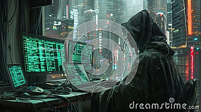 A hacker in a hoodie using multiple computer screens in a futuristic, neon-lit cityscape at night, working on codes and data Stock Photo