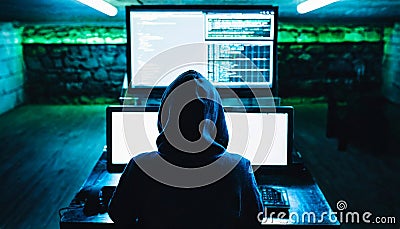 Hacker in hoodie working in cellar. Computer monitors. Dark net. Back view. Data thief, internet fraud Stock Photo