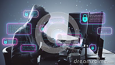 Hacker in a hoodie working at a desk with glowing locks and binary codes around them Stock Photo