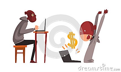 Hacker in Hoody and Mask Stealing Money Using Laptop Vector Set Vector Illustration