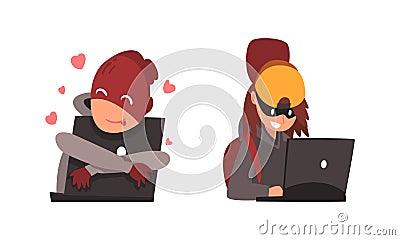 Hacker in Hoody and Mask Stealing Money Using Laptop Vector Set Vector Illustration