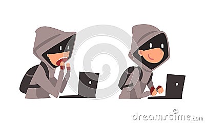 Hacker in Hoody and Mask Stealing Money Using Laptop Vector Set Vector Illustration