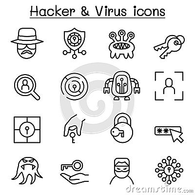 Hacker icon set in thin line style Vector Illustration