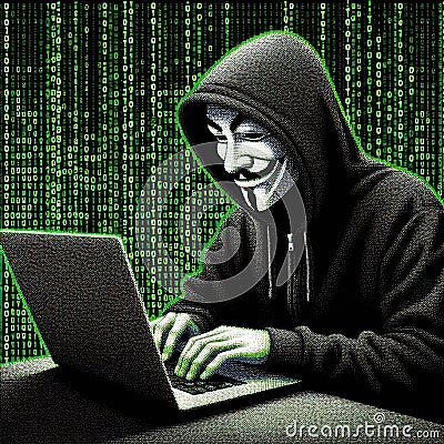 hacker illustration , black hoodie working with a notebook, green code flowing in the background, pointillism Cartoon Illustration