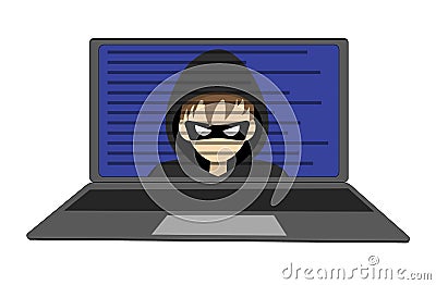 Hacker inside the laptop, cybercrime. The face of the hacker in the computer. Hacking someone else`s data. illustration Stock Photo