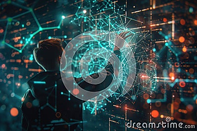 A hacker interacts with a digital interface, exploring intricate data connections in a dark, high-tech environment Stock Photo