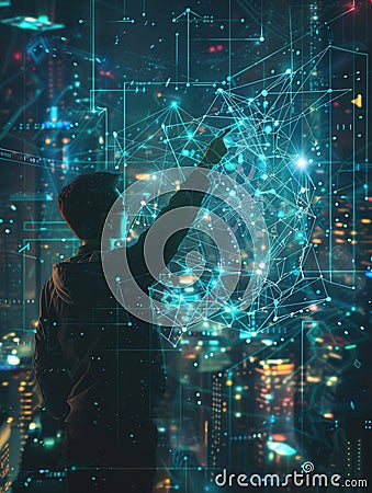 A hacker interacts with a digital interface while observing an illuminated city skyline during nighttime. Generative AI Stock Photo