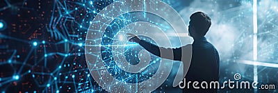 A hacker interacts with a glowing digital interface, analyzing complex data while immersed in a futuristic environment Stock Photo