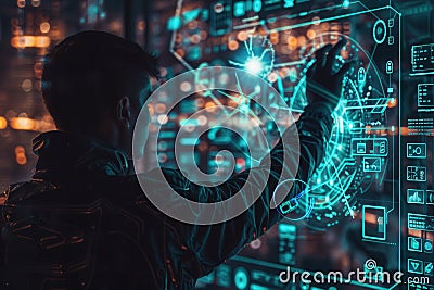 A hacker interacts with a holographic interface, analyzing intricate data patterns illuminated by city lights outside Stock Photo