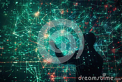 A hacker interacts with vibrant digital data patterns in a dimly lit environment, showcasing advanced technology and Stock Photo