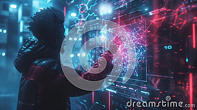 A hacker interacts with a vibrant digital interface, manipulating data and visuals in a high-tech urban setting under Stock Photo