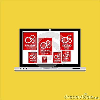 Hacker internet computer security technology flat concept. Hacker activity computer.Alert notification on laptop computer , Stock Photo