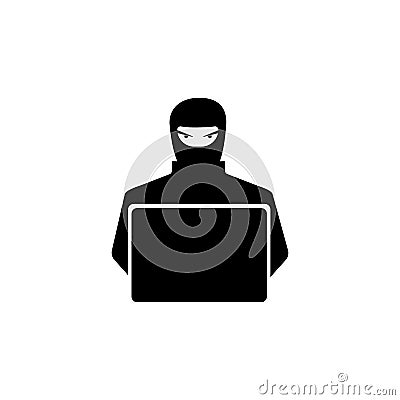 Hacker with a laptop vector solid black icon. A symbol of Cybercrime. Password hacking and identity theft, software Vector Illustration