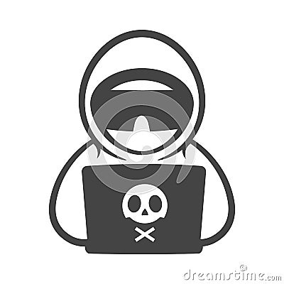 Hacker with a laptop vector solid black icon. A symbol of Cybercrime. Password hacking and identity theft, software Vector Illustration