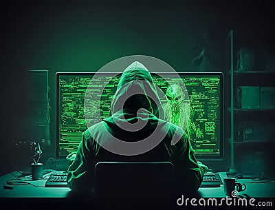 A hacker looking at a computer with green symbols created with Generative AI Stock Photo