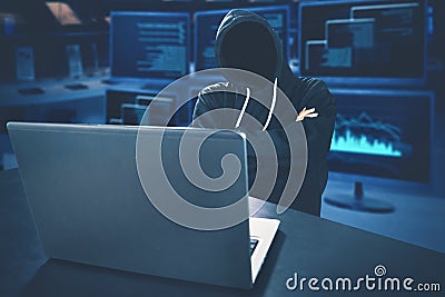 Hacker looks thinking with coding background Stock Photo