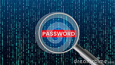 Hacker magnifier with an access code on the background of a stream of binary numbers. modern computer illustration. security Cartoon Illustration
