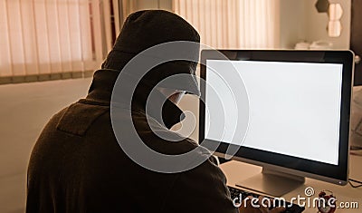 Hacker man and computer stealing information with laptop Stock Photo