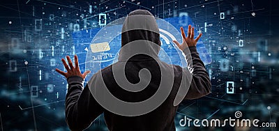 Hacker man holding a contactless credit card payment concept 3d Editorial Stock Photo