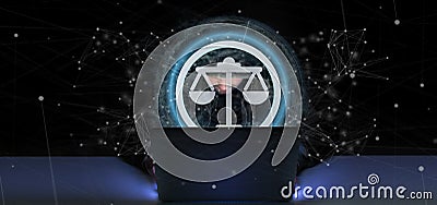 hacker Man holding a Technology justice icon on a circle 3d rend Stock Photo