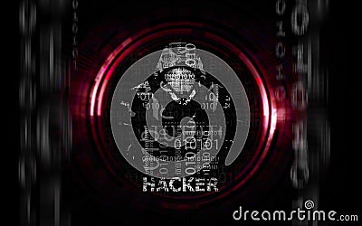 Hacker man in hoodie with laptop flat Stock Photo