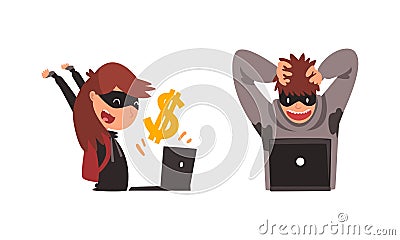 Hacker Man and Woman in Hoody and Mask Stealing Money Using Laptop Vector Set Vector Illustration