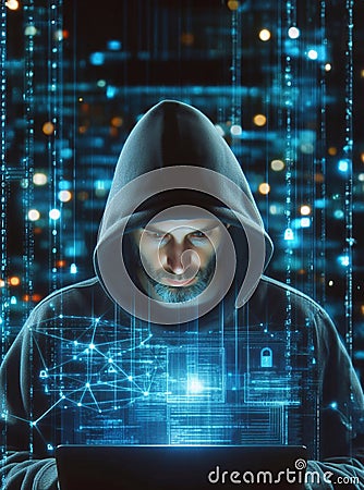 Hacker in mysterious looking hood is using hologram graphics, network password cracking program, generative ai illustration art Cartoon Illustration