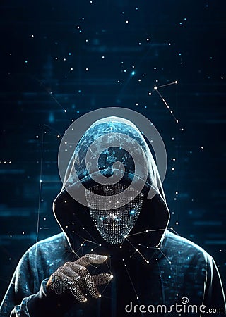 Hacker in mysterious looking hood is using hologram graphics, network password cracking program, generative ai illustration art Cartoon Illustration