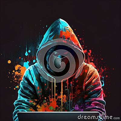 Painting, paint splatter, computer, mask, hacker, hoodie, hood, virus, background, wallpaper, generative ai Stock Photo