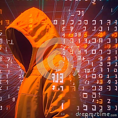 Hacker in an orange hood. Genius of the computer world. Numbers and Matrix Cartoon Illustration