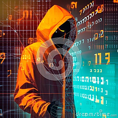 Hacker in an orange hood. Genius of the computer world. Numbers and Matrix Cartoon Illustration