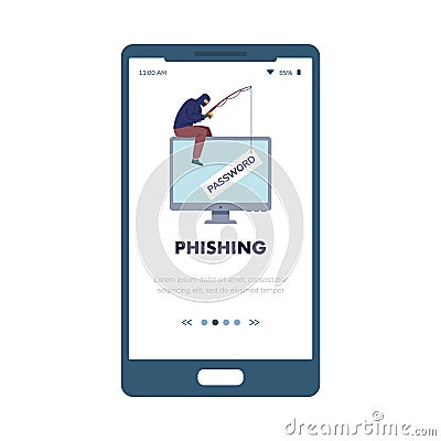 Hacker phishing password, computer fraud vector banner for cyber security alert on smartphone. Flat illustration. Vector Illustration