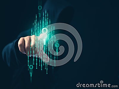 Hacker is pointing his finger at a group of zeros on a dark background. Concept of information security in internet networks and Stock Photo