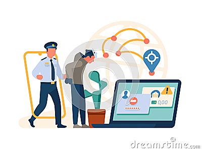 Hacker and police. Security guard arrested digital thief. Fighting cyber crime. Information protection. Policeman Vector Illustration