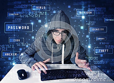 Hacker programing in technology enviroment with cyber icons Stock Photo